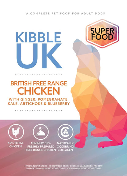 Superfood 65 ® Dog Food - British Free Range Chicken with Ginger, Pomegranate, Kale, Artichoke & Blueberry - Kibble UK