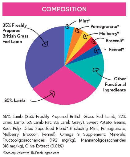 Superfood 65 ® Dog Food - British Grass Fed Lamb with Mint, Pomegranate, Mulberry, Broccoli & Fennel - Kibble UK - My Online Pet Store